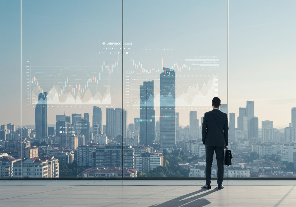Business professional overlooking a financial district